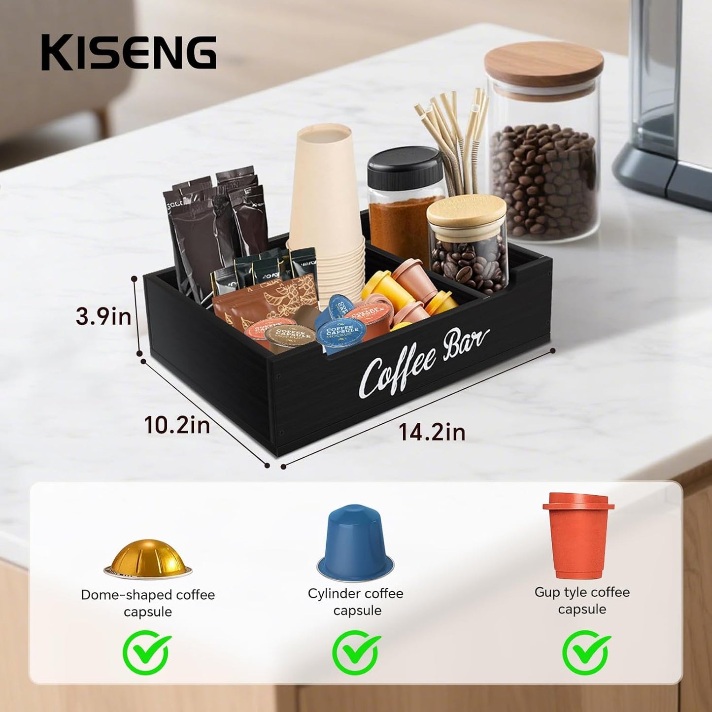 Coffee Pod Bar Station Wooden 14" X 10" X 4" Organizer Box for Countertop, Counter Top Tea Espresso Cup Wood Storage Box, Onyx