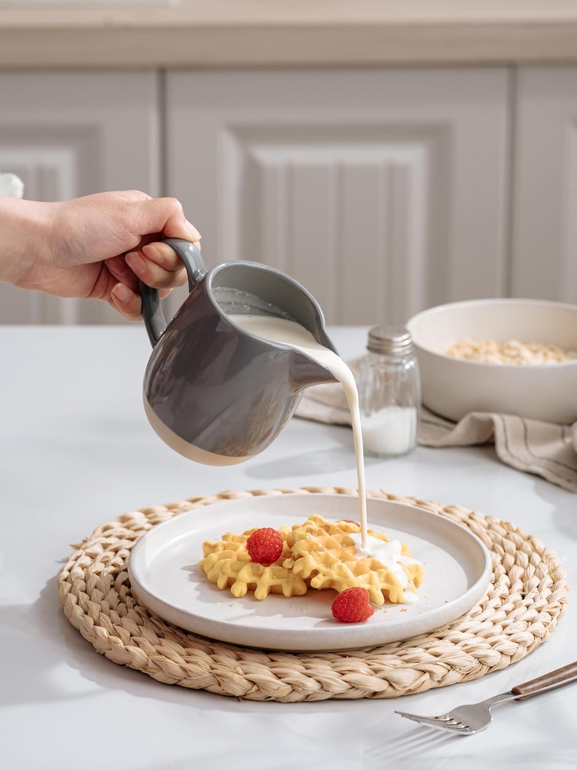 famiware Milkyway 13oz Creamer with Handle, Ceramic Coffee/Milk/Sauce/Serving/Salad Pitcher Jug, Stoneware Maple/Syrup Dispenser, Milk Frother Cup, Microwave and Dishwasher Safe, Dark Gray