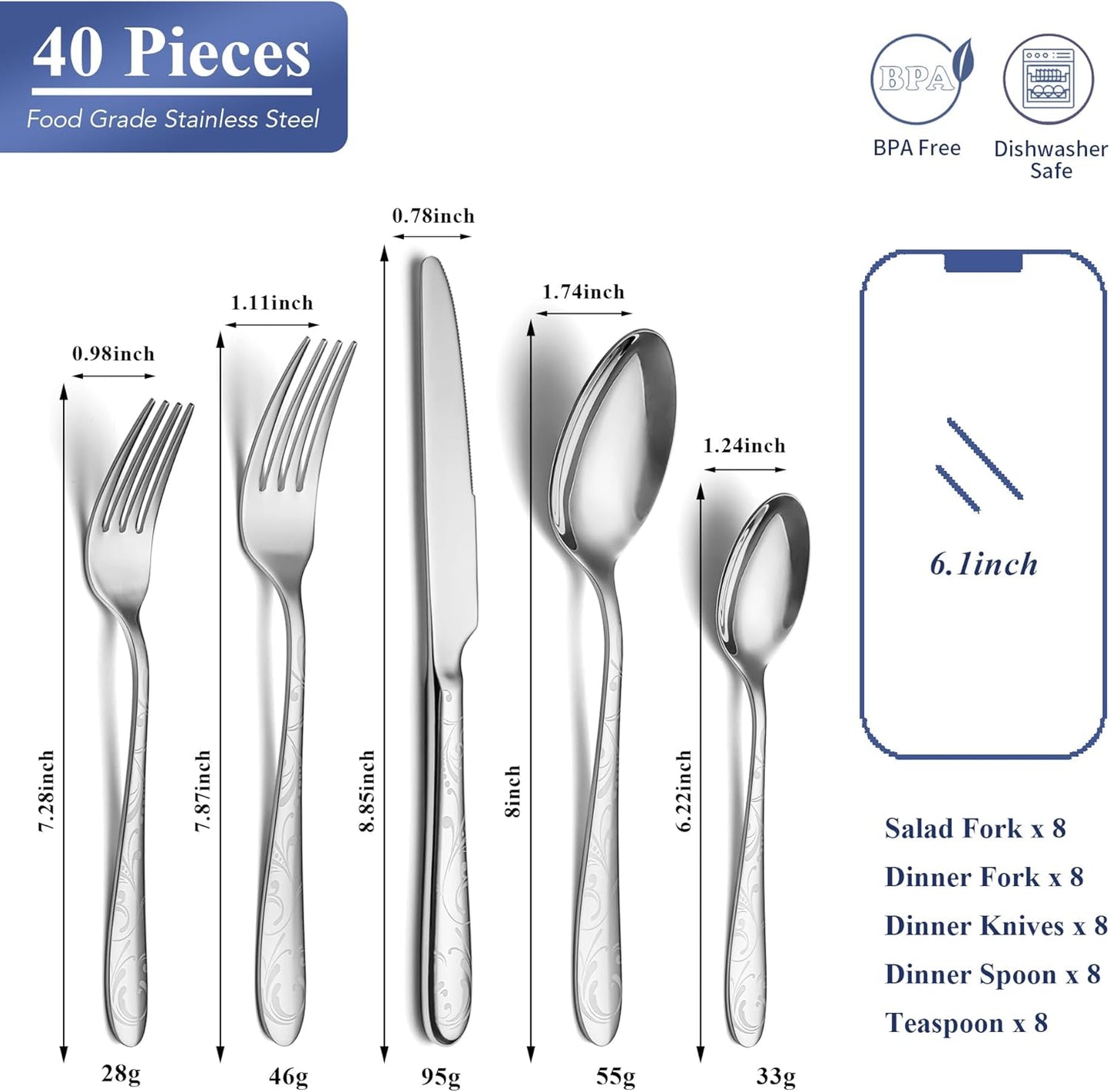 40 Piece Silverware Set Service for 8, EIUBUIE Premium Stainless Steel Cutlery Set, Mirror Polished Flatware Sets with Pattern Handle, Modern Kitchen Eating Utensils Sets Include Spoons Forks Knives