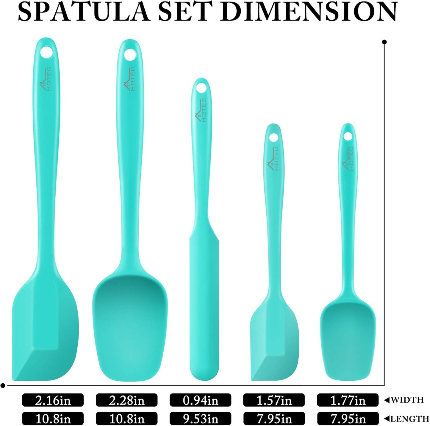 HOTEC 600℉ Heat Resistant BPA-Free Silicone Rubber Spatula Set,Kitchen Cooking Spatulas, Baking, Mixing for Non Stick Cookware, Dishwasher Safe, Set of 5 Aqua Sky