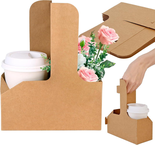 15Pcs -2 Cup Drink Carrier with Handle - Paper Cup Holder, Coffee Carriers Tray for Drinks, Disposable Takeaway Cardboard Holders To Go for Food Delivery, Uber Eats/Door Dash Two or 4 Kraft Paperboard