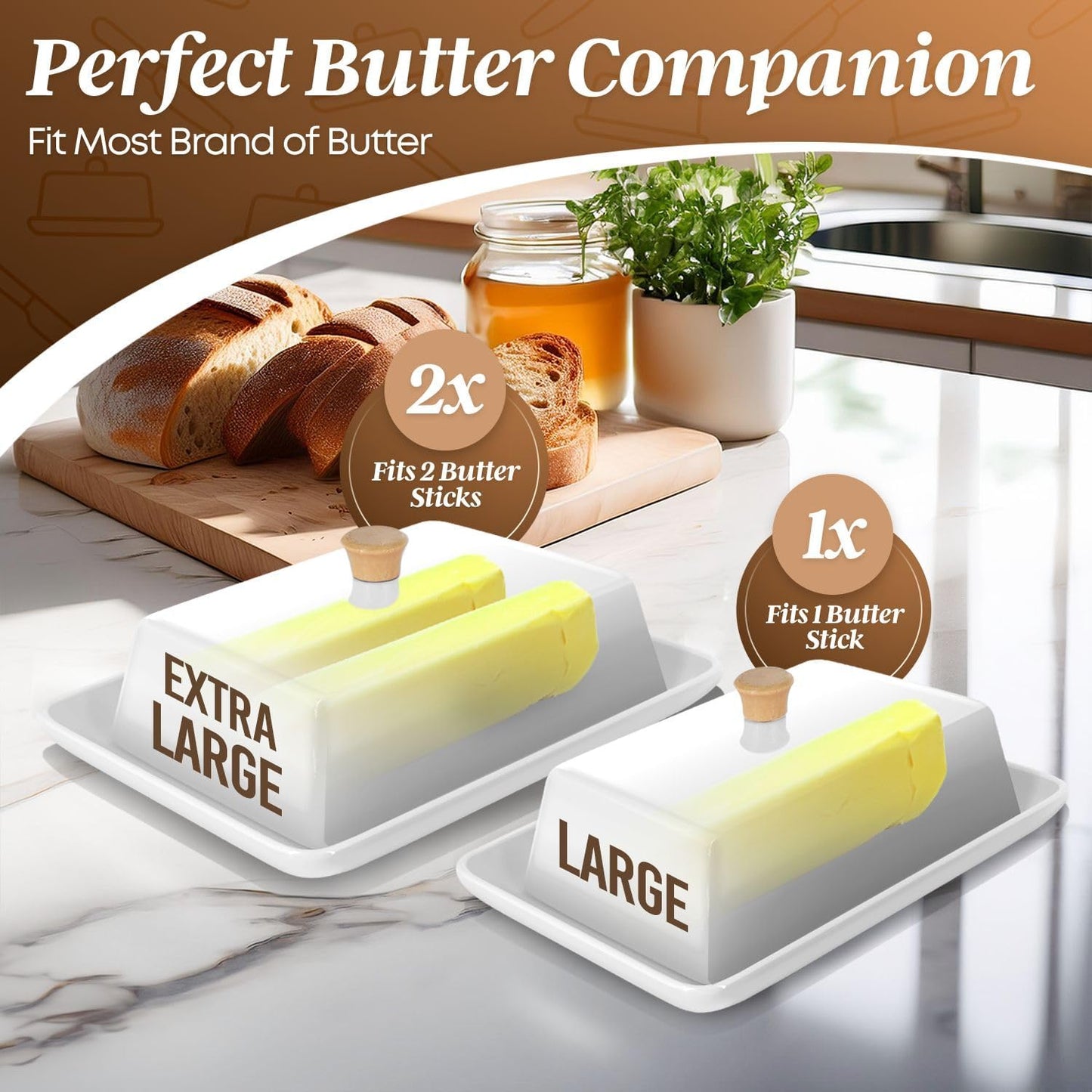 Flexzion Ceramic White European Butter Dish with Lid for Countertop (8 Inch) - Wide 2 Stick Double Butter Holder for Counter, Cream Cheese Container Storage Keeper
