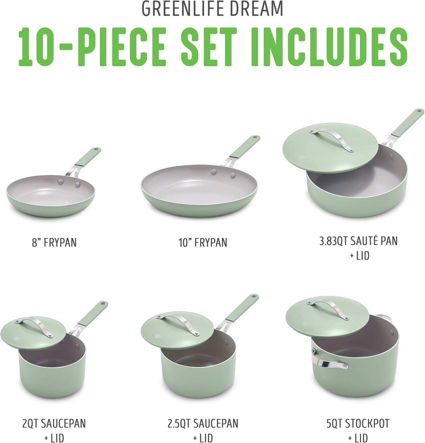 GreenLife 10-Piece Nonstick Ceramic Cookware Set, Lightweight Healthy PFAS-Free Pots & Pans with Lids, Dishwasher & Oven Safe, Durable Body, Silicone Stay-Cool Handles, Easy Release, Sage Green