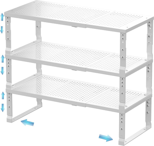 Expandable Spice Rack & Kitchen Cabinet Organizer - Stackable, Adjustable Shelves for Cabinets, Countertops, Cupboards & Pantries(3 Packs/Large/White)