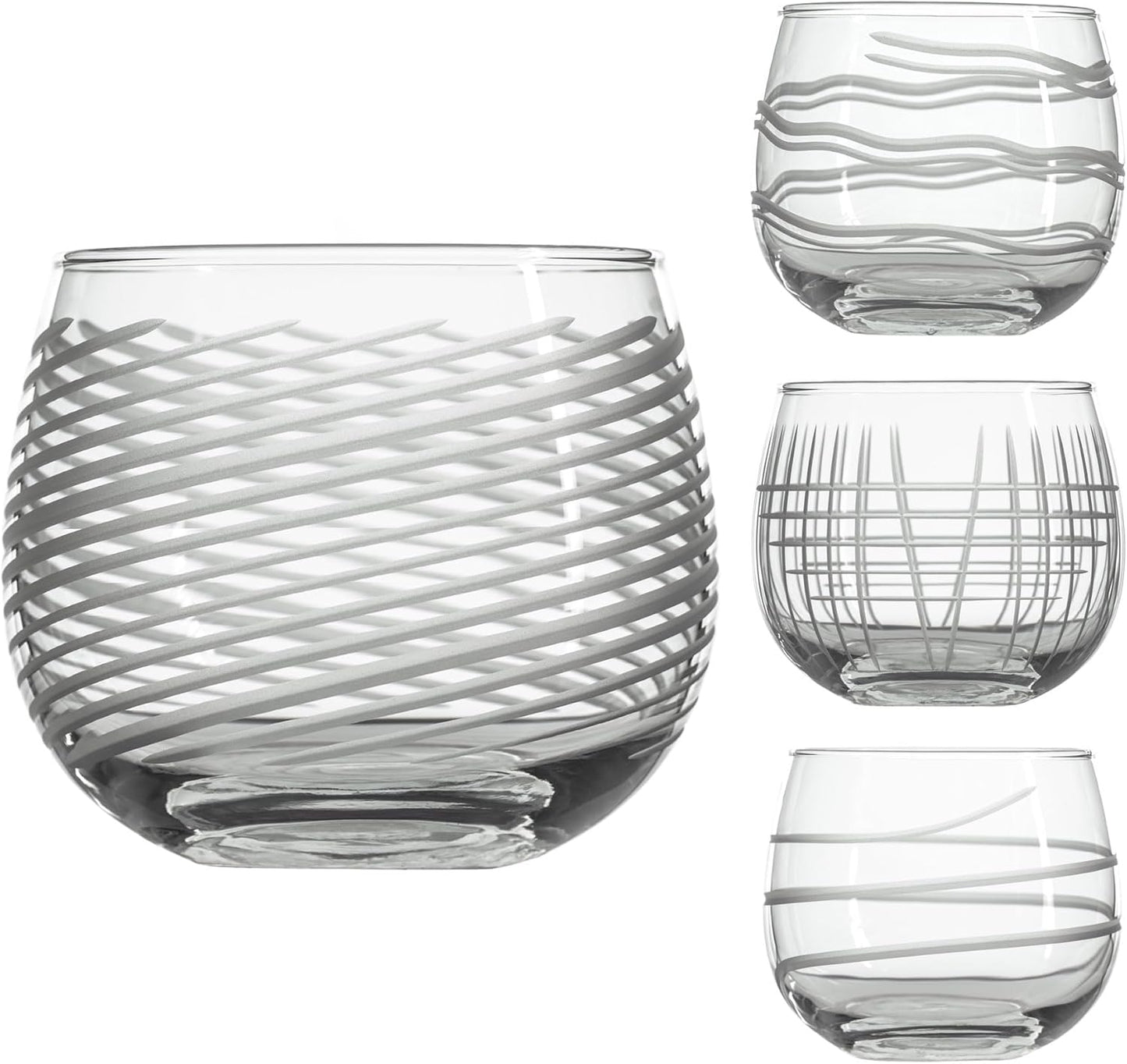 Rolf Glass | Symmetry Mixed Stemless Red Wine Tumbler 13 ounce | Set of 4 | Diamond Wheel Engraved Glassware | US Made | Gifts for Wine Lovers | Perfect for everyday use