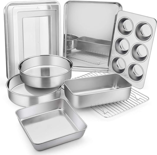 E-far Stainless Steel Baking Pan Set, 9-Piece Bakeware Sets for Cake Cookie Loaf Muffin, Include Round, Square, Rectangle Baking Sheet Pan with Lid & Cooling Rack, Dishwasher Safe