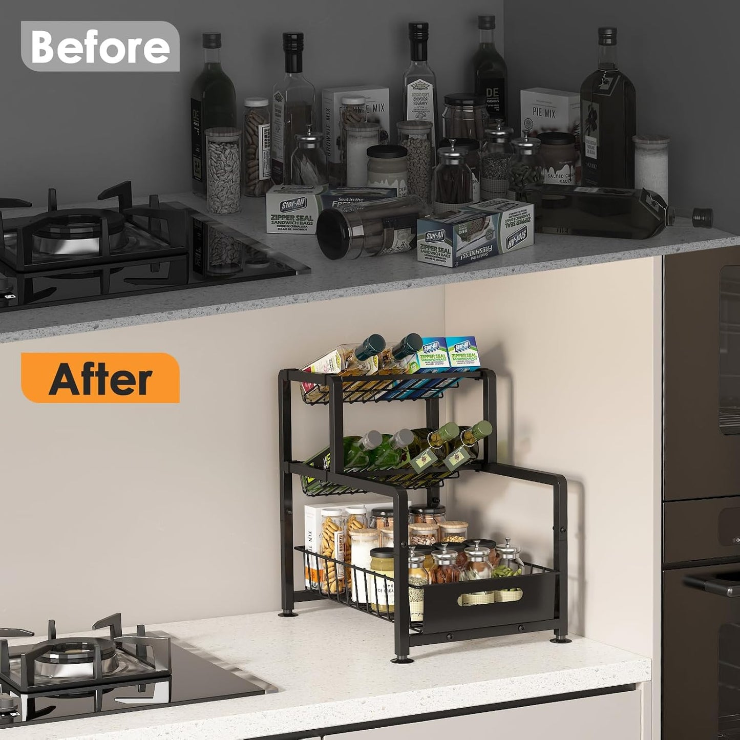 REALINN Spice Rack Organizer for Countertop, 3 Tier Pull Out Spice Rack, Height Adjustable Countertop Seasoning Organizer for Kitchen, Bathroom Storage