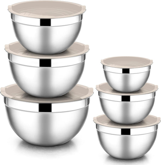 E-far Mixing Bowls with Lids, 12-Piece Stainless Steel Salad Bowls Metal Nesting Bowls for Baking Cooking and Prepping, Airtight Lids & Stackable Design, Size 7, 4.5, 3, 1.5, 1.2, 0.7 QT (Khaki)