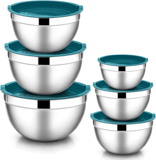 E-far Mixing Bowls with Lids, 12-Piece Stainless Steel Salad Bowls Metal Nesting Bowls for Baking Cooking and Prepping, Airtight Lids & Stackable Design, Size 7, 4.5, 3, 1.5, 1.2, 0.7 QT (Blue)