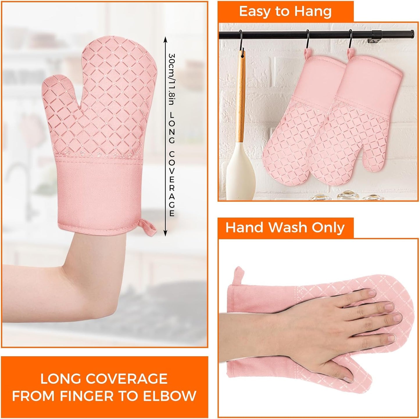 2 Pcs Oven Mitts for Kitchen Heat Resistant Oven Gloves, Soft Cotton Lining, Anti-Slip Silicone Stripe Oven Mitts Heat Resistant Oven Mits, Kitchen Mitt Pair Protect Hands, Cooking Baking Gloves Pink