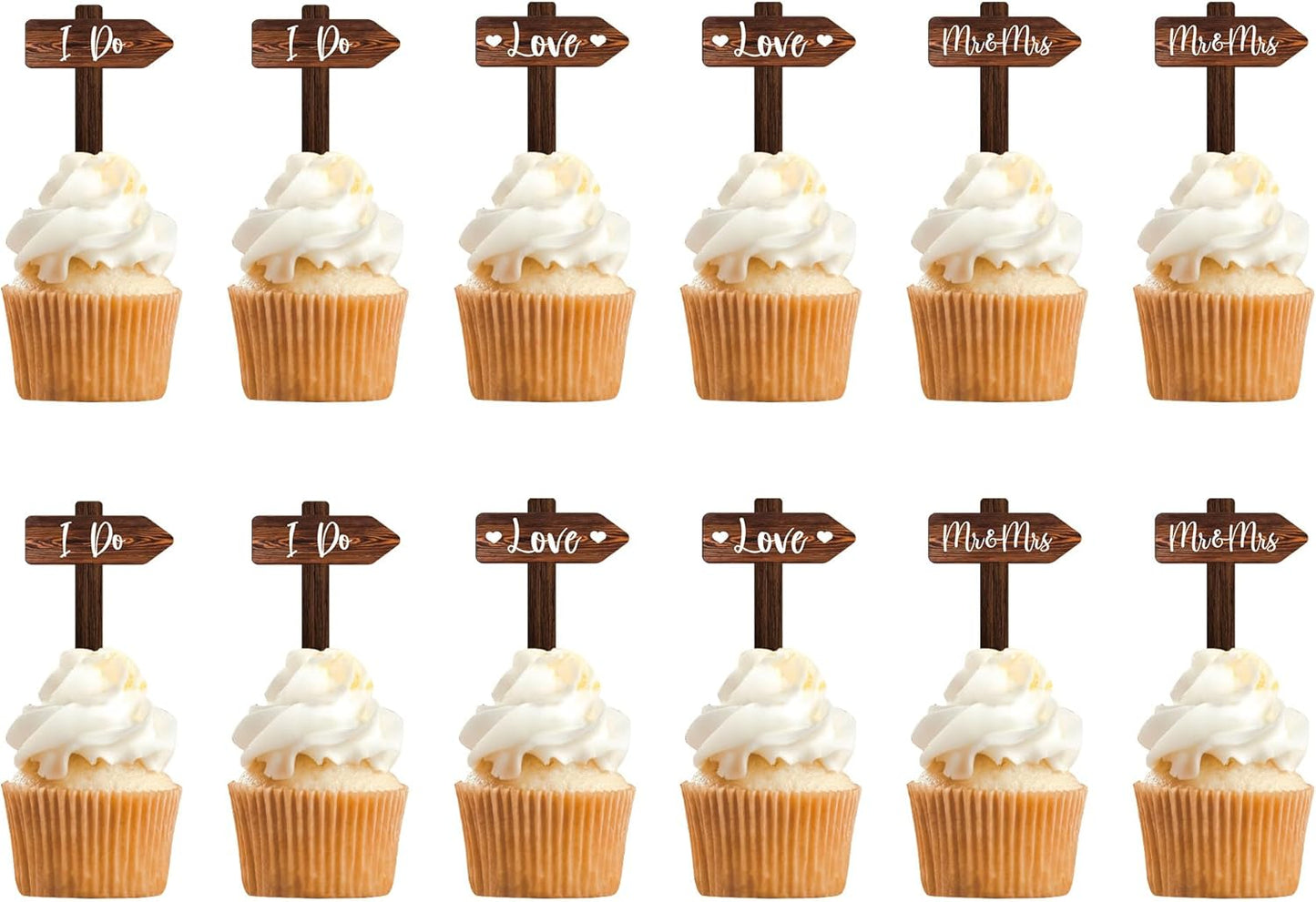 12 PCS Wedding Cupcake Toppers in Wood Rustic Wedding Cake Decoration