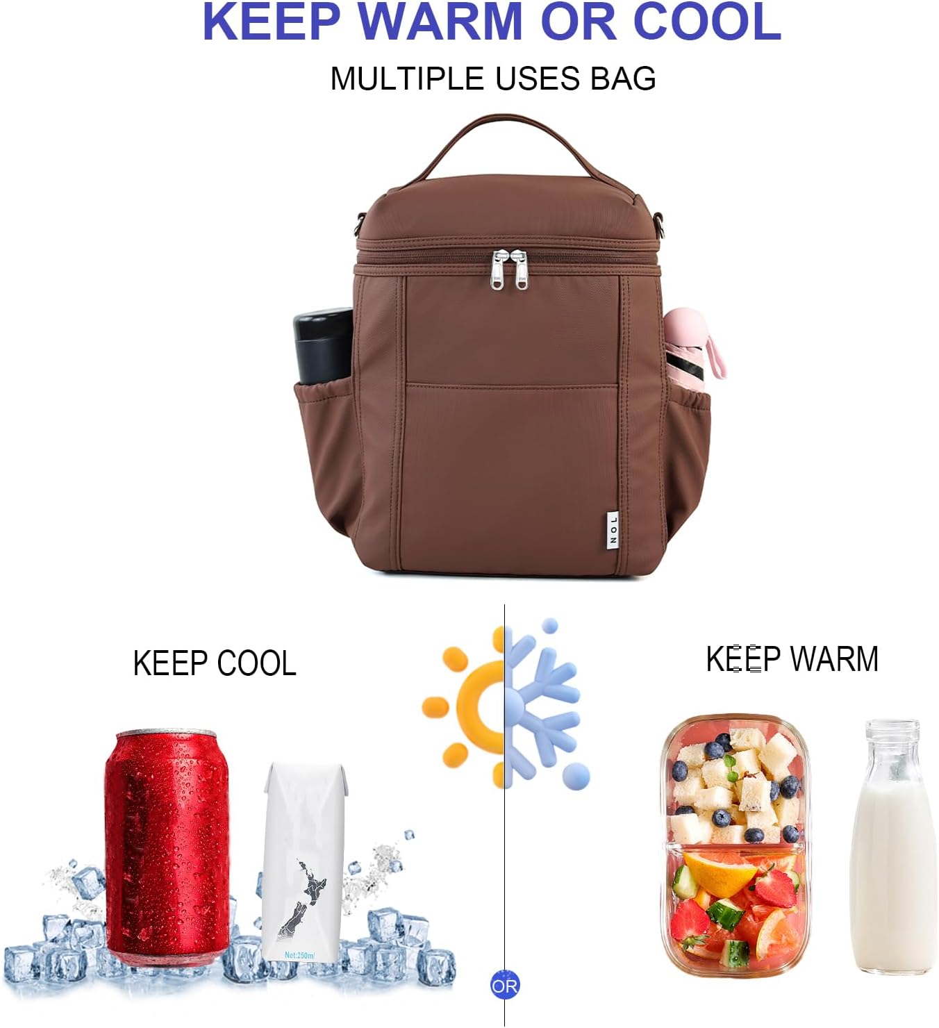 NOL Natural Organic Lifestyle Insulated Lunch Bags for Women Cooler Bag Lightweight Nylon Waterproof Lunch Box For Work (Coffee, Large)