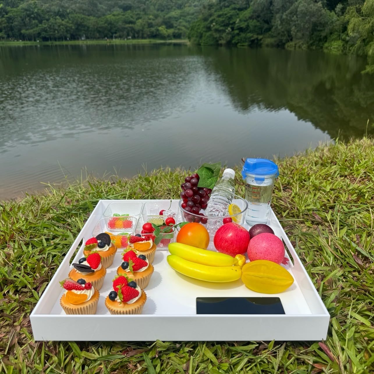 White Acrylic Large Ottoman Tray with Handles 18"x18"x2" Spill Proof Serving Tray Rubber Boot Organizer Tray Decorative for Living Room Bedroom Kitchen Entryway Coffee Table Countertop