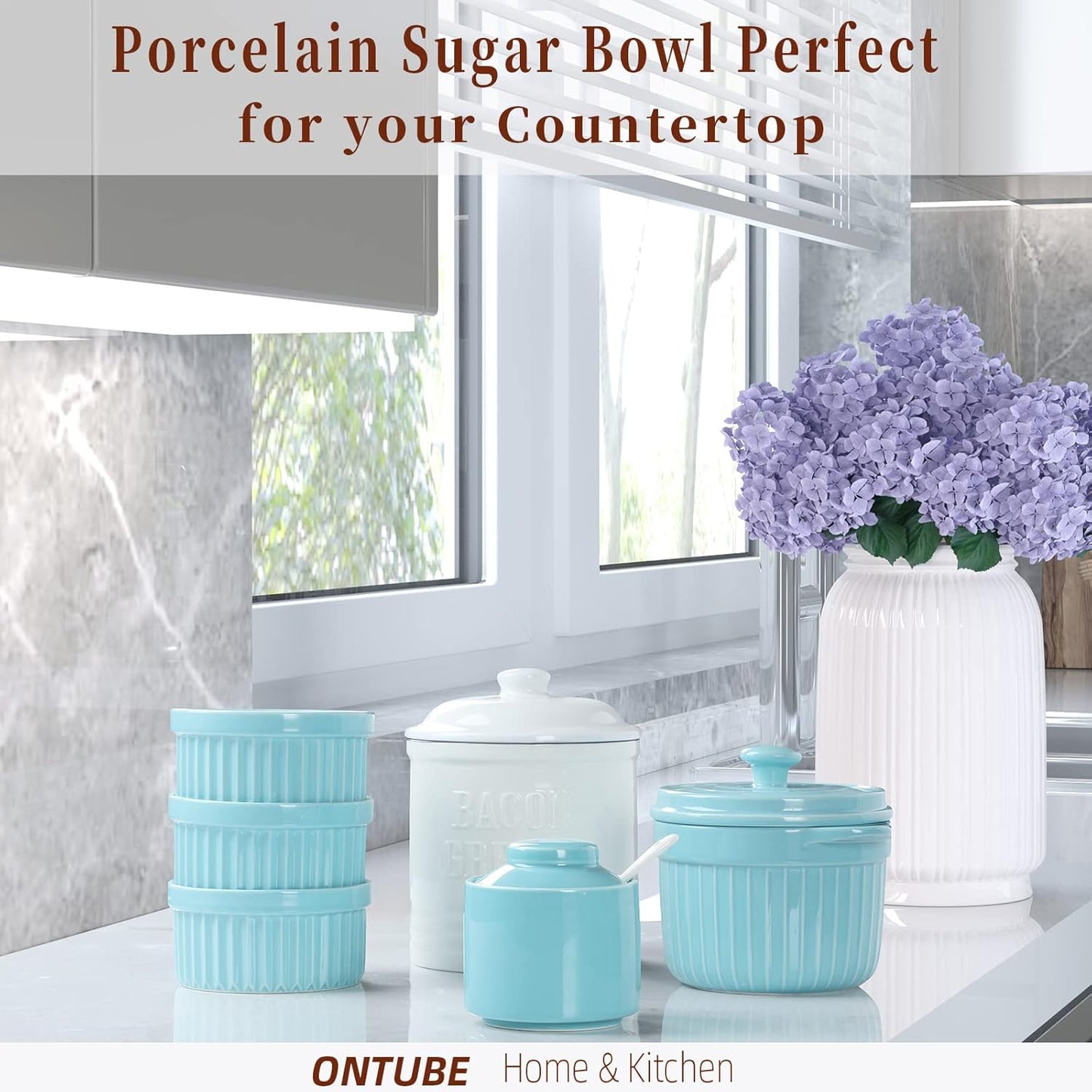 ONTUBE Ceramic Sugar Bowl with Lid and Spoon,Porcelain Seasoning Box Salt Bowl,8oz （Turquoise Blue）