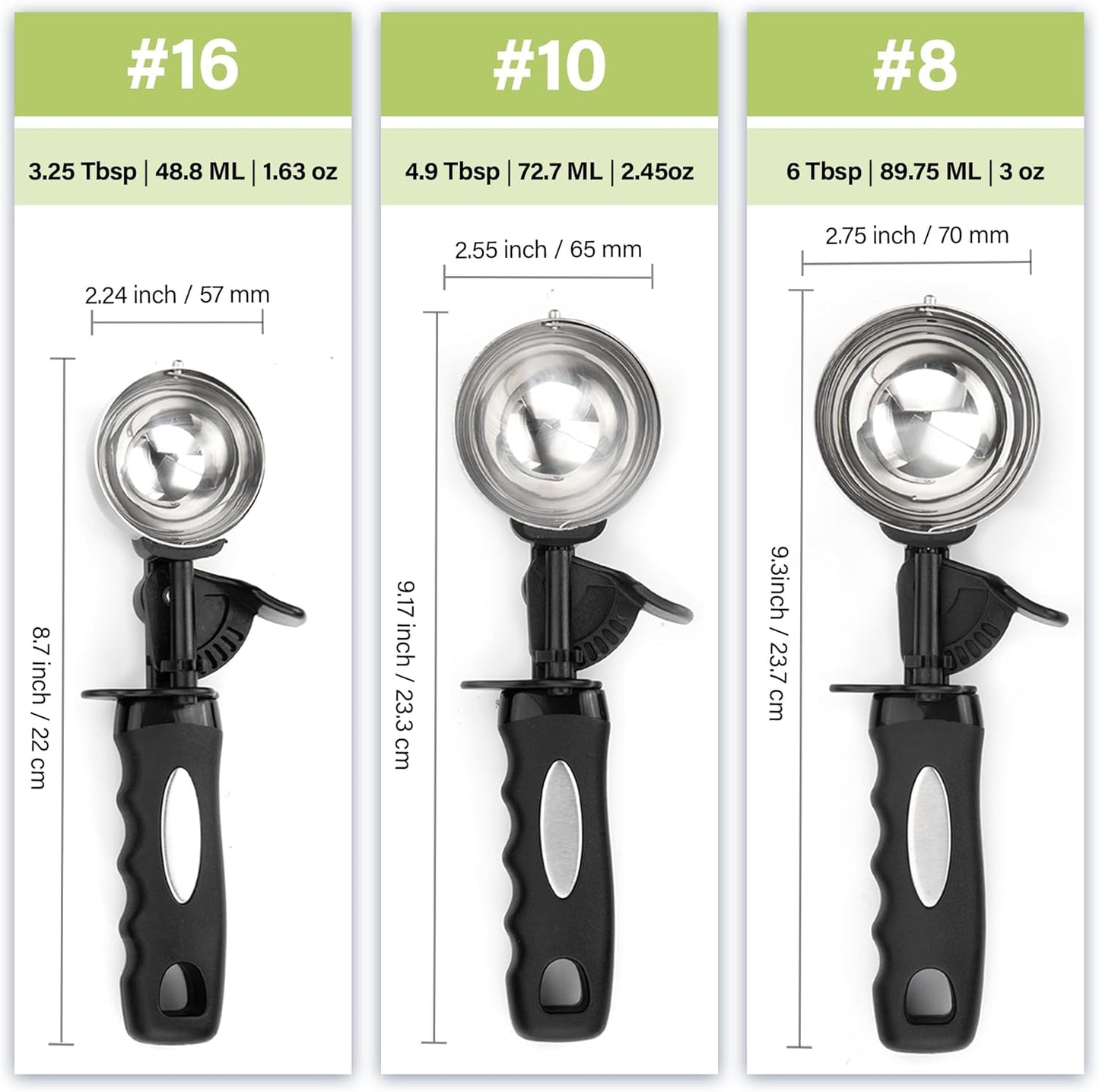 Ice Cream Scoop Set, Cookie Scoop set of 3, 3.25 Tbsp/ 4.9 Tbsp / 6 Tbsp Ice Cream Spoon with Trigger, Cookie Dough Scoop, Portion Scoop 1.63 oz, 2.45 oz, 3oz