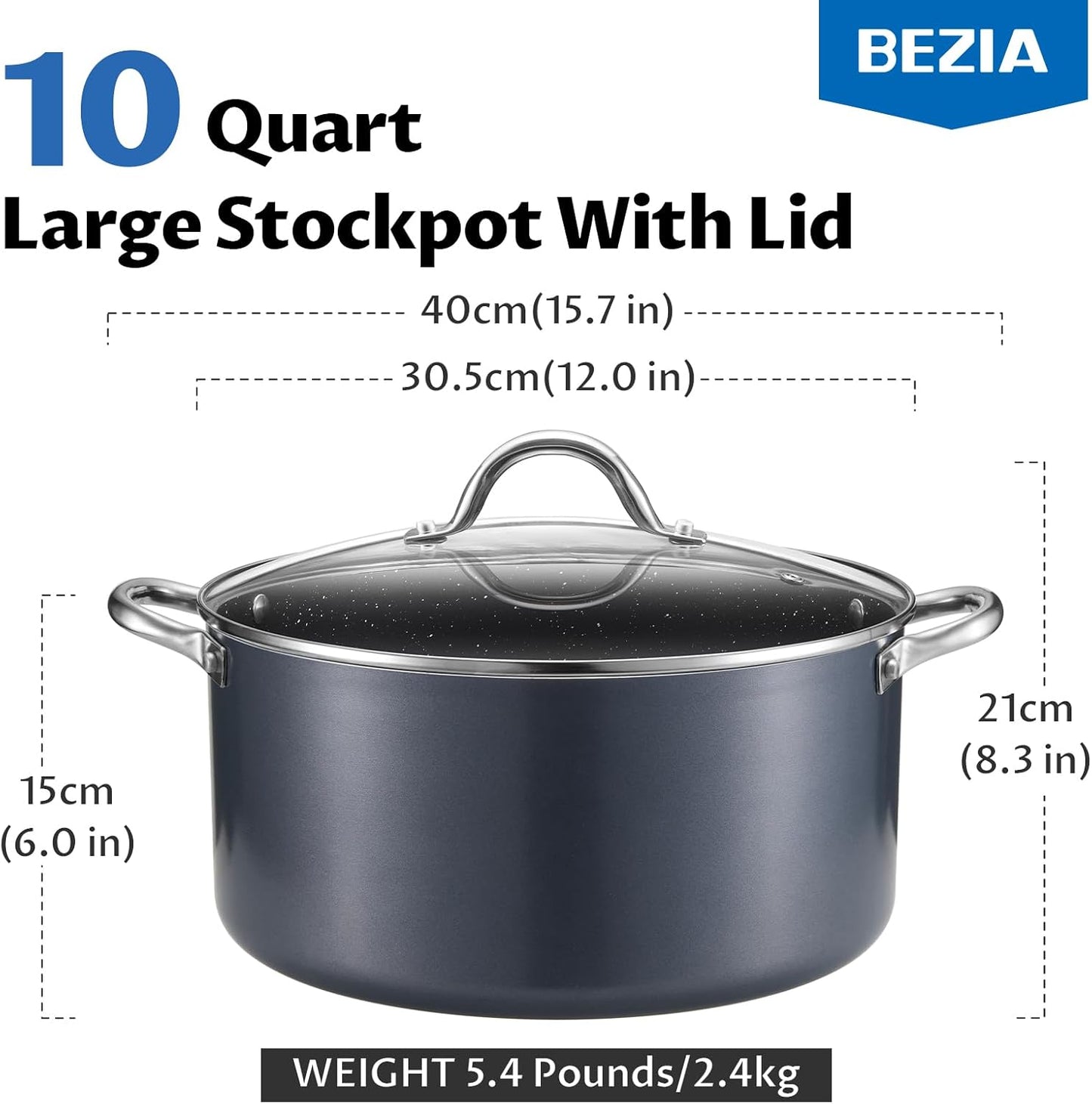 BEZIA 10 Quart Cooking Pot, Large Non Stick Induction Stock Pot with Lid, All Stove Compatible, 10 QT Aluminum Soup/Stew Pot For Large-batch Cooking, Grey