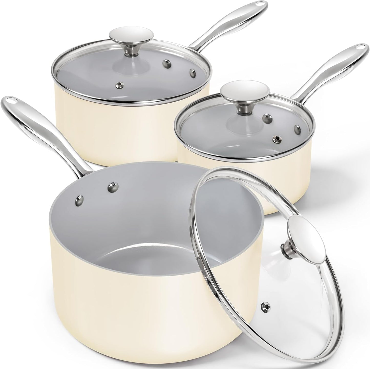 MICHELANGELO Sauce Pan with Lid, Non Stick Saucepan Set of 3-1Qt & 2Qt & 3Qt Small Pots for Cooking, Ceramic Saucepan - Non-Toxic, Scratch-Resistant, Oven Safe, Beige