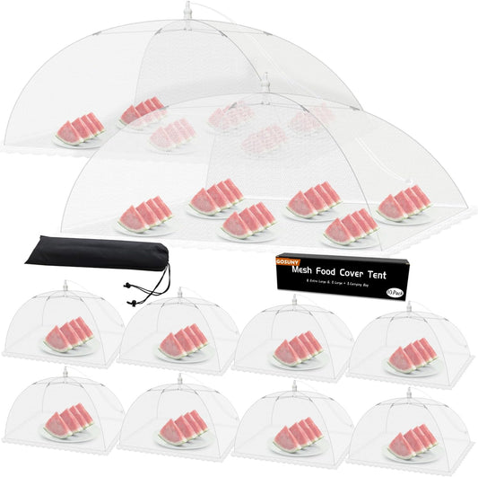 Mesh Food Covers for Outdoors - 10 Pack Upgraded 2 Extra Large 40x24 in & 8 Large 17x17 in Outdoor Party Food Cover Tent Collapsible Picnic Nets Umbrella Screen Pop Up Food Dome for Outside (White)