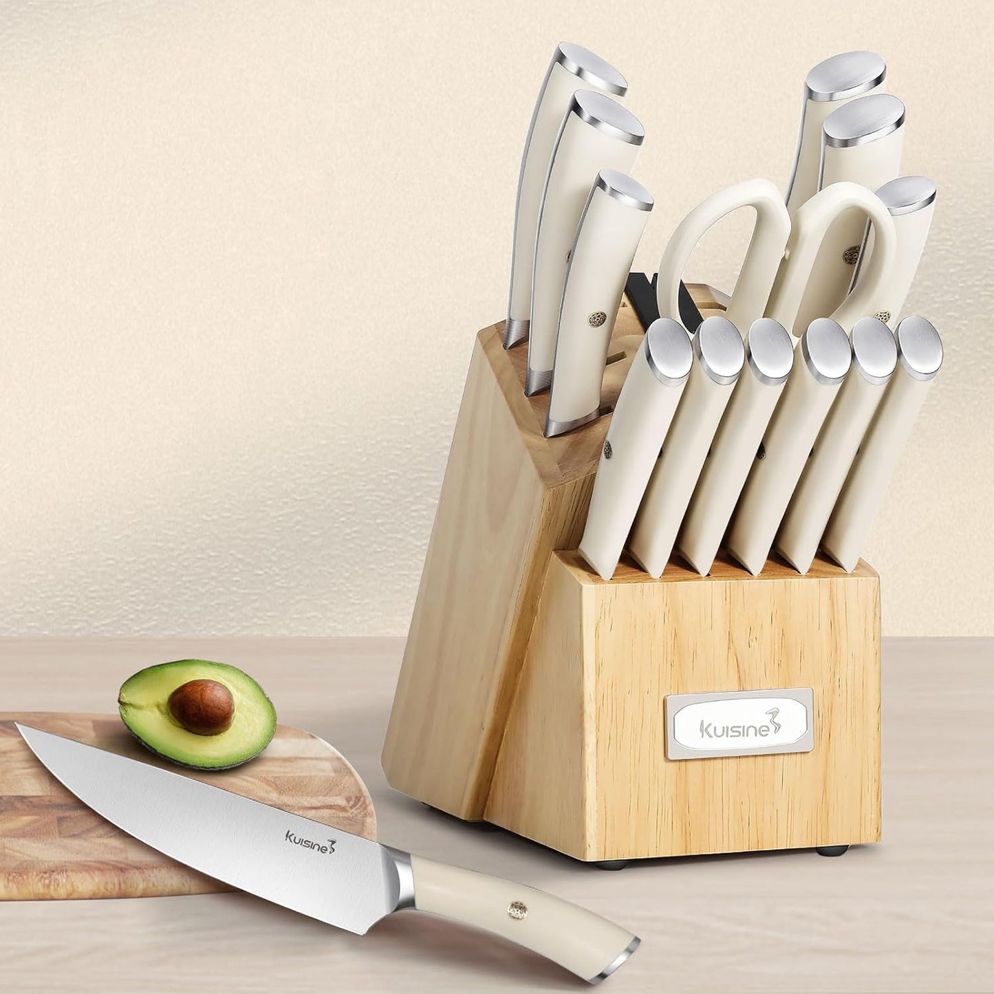 Kuisine Chef Knife Set,High Carbon Stainless Steel Block Knife Set,Knife Block Set with Built-in Sharpener,Sharp Knife Set Forged,Elegant Gift(Ivory,15pcs）
