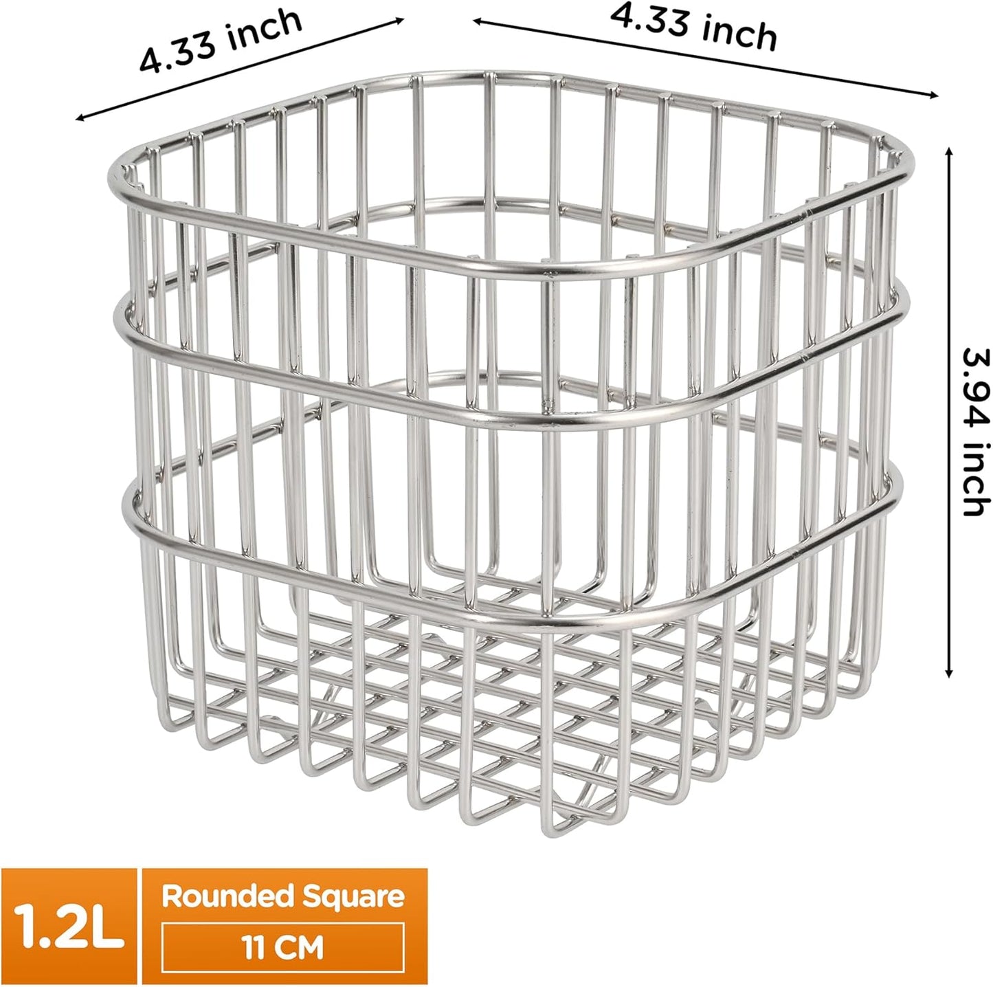 304 Stainless Steel Wire Mesh Fruit Basket Colander, 1.2L Countertop Storage Organizer for Fruits, Vegetables, Snacks.4.33 x 4.33 x 3.94 in (11cm,Rounded Square)