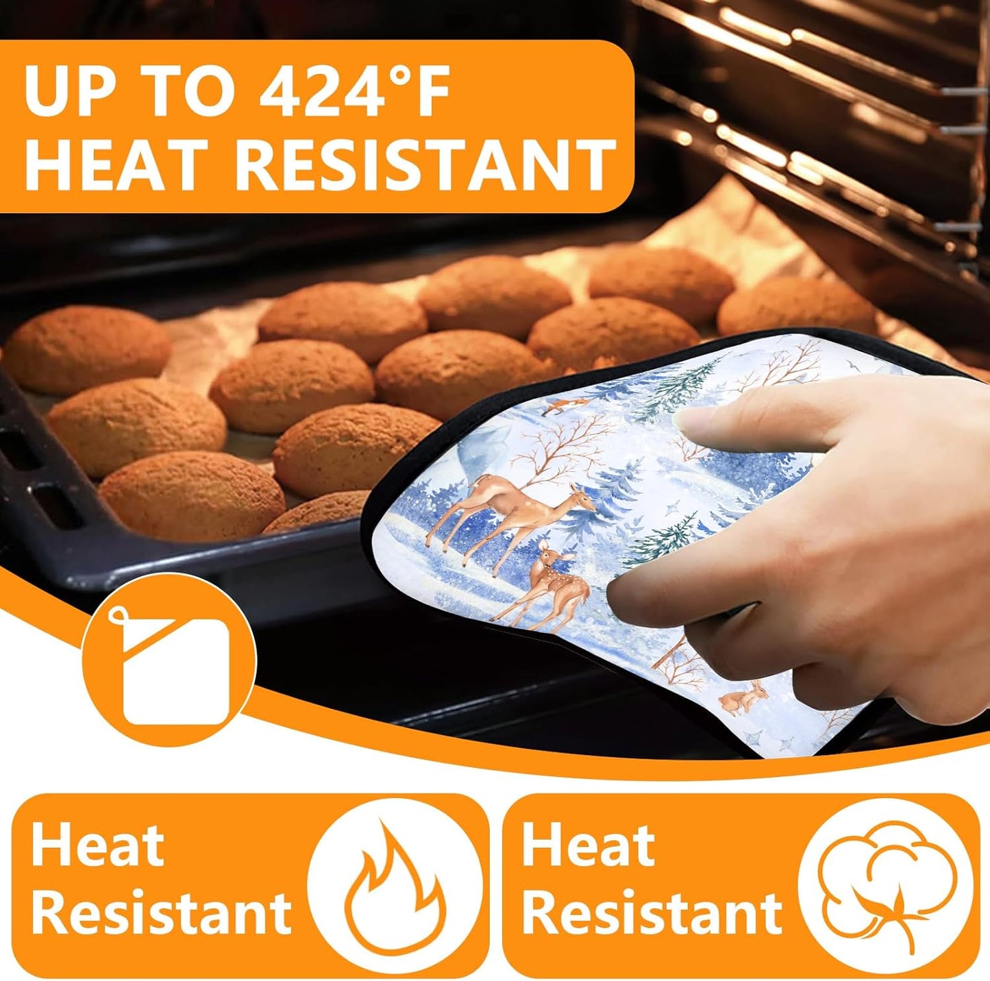 Deer Mitts and Pot Holders Sets 4Pcs,Extra Long Oven Gloves Potholder for Kitchen Cooking Baking BBQ 100% Cotton Heat Resistant