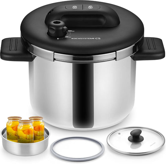 KOCH SYSTEME CS Stainless Steel Pressure Cooker 8.5 Quart, Olla de Presion, 3 PSI Settings, 18/10 Stainless Steel Pressure Cooker, One-Press Lock Pressure Cookers, Induction Ready, Glass Lid & Steamer