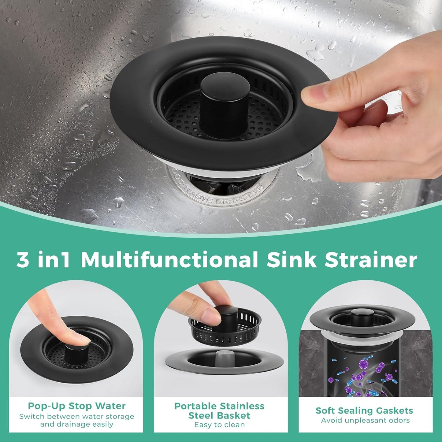 Kitchen Sink Drain Strainer/Strainer Basket, Upgraded 3 in 1 Stainless Steel Pop-up with Anti-Clogging Basket Sink Stopper, Suitable for US Standard 3-1/2" Sink Drain Hole (Matte Black)