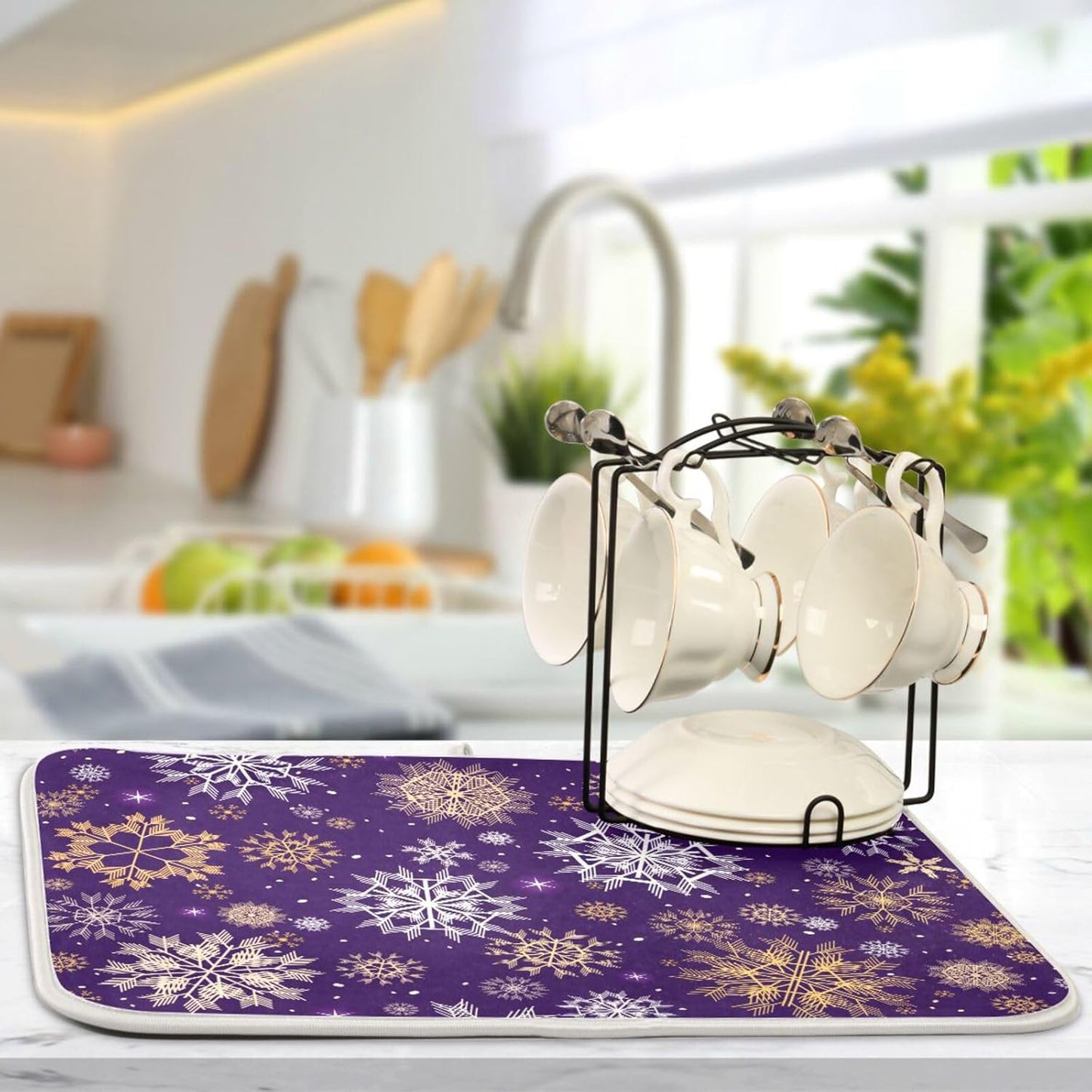 Christmas Purple Gold Snowflakes Dish Drying Mat for Kitchen Counter Absorbent Microfiber Drying Pad, Large 18x24 in, Reversible Drainer Mats