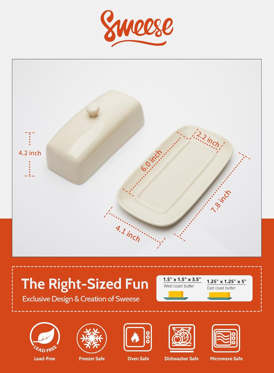 Sweese Butter Dish with Lid, Porcelain Butter Keeper, 7.8 Inch Butter Holder with Handle Cover, Butter Container Perfect for East West Coast Butter, Beige