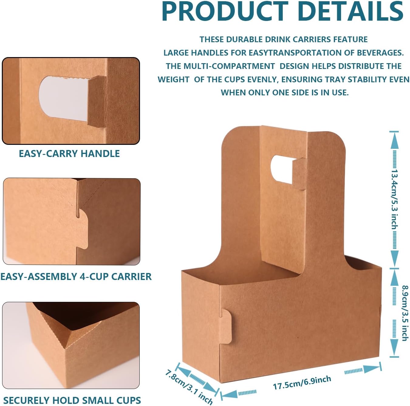 100 Pack 2-Cup/4-Cup Drink Carrier with Handle (12-30oz) | Disposable Paperboard Cup Holder | Foldable Beverage Tray for Hot/Cold Drinks, Coffee to Go, Delivery & Takeout