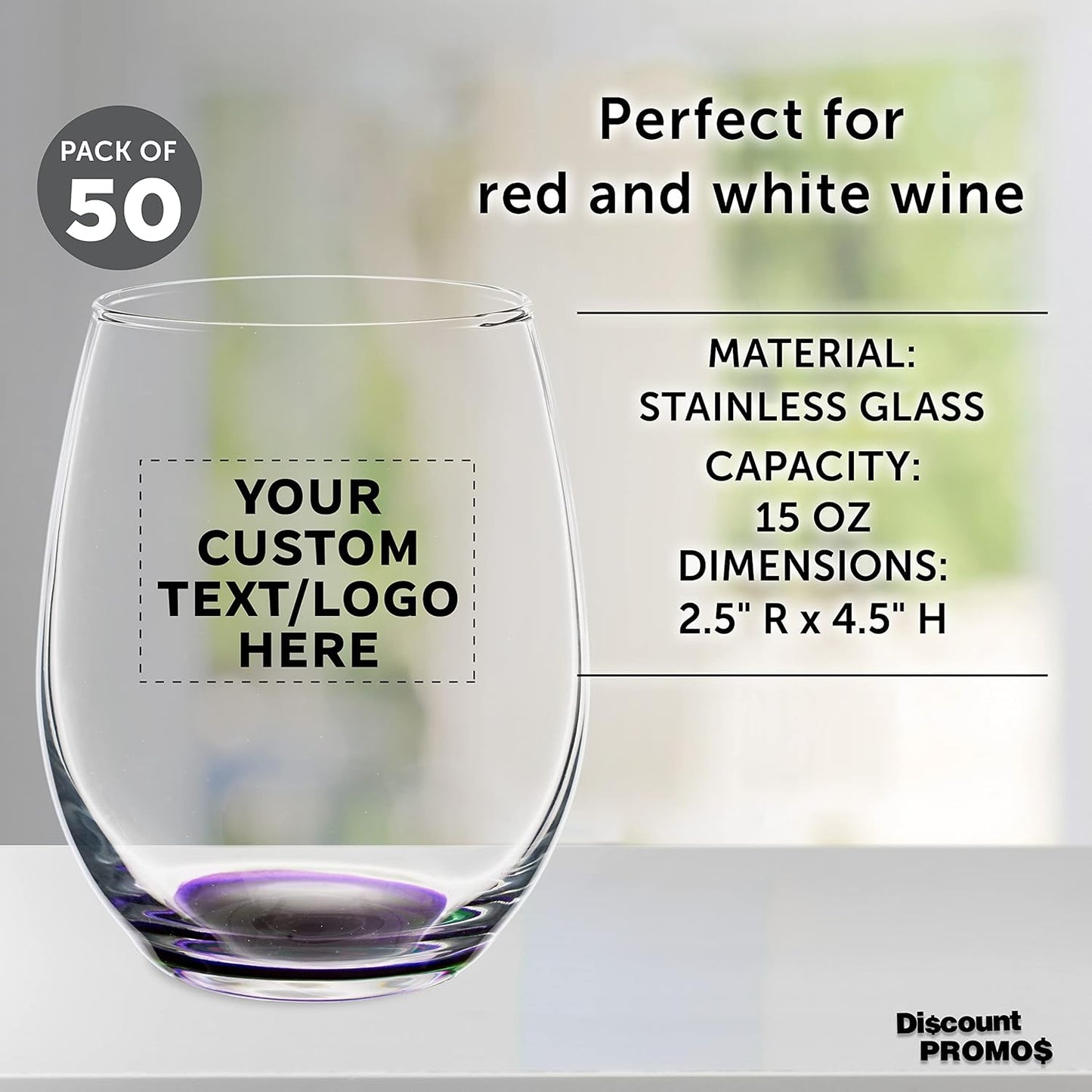 Custom Stemless Wine Glasses in Bulk by ARC Perfection, 15 oz, 50 pack, Personalized Text, Logo, Purple or White Wine Glass Set, Purple