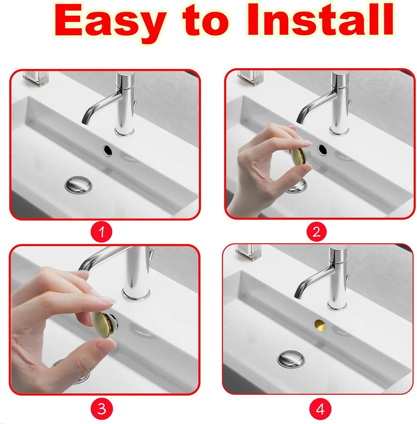 2 Pack Sink Basin Overflow Trim Ring,Solid Brass Bathroom Sink Trim Overflow Cover,Bathroom Kitchen Sink Trim Overfolow Cover Insert in Hole Round Caps(Gold)