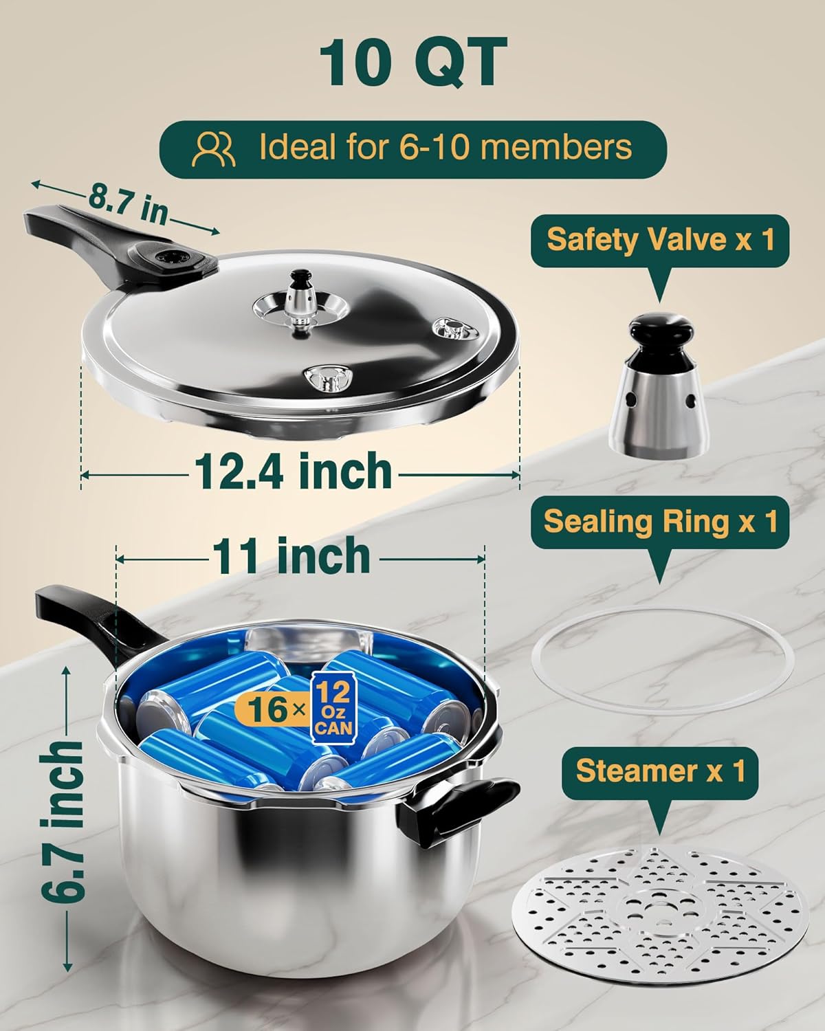 WantJoin Stainless Steel Pressure Cooker(Non-Aluminum),10 Quart Induction Compatible Pressure Cooker with Spring Valve Safeguard Devices,Compatible with Gas & Induction Cooker