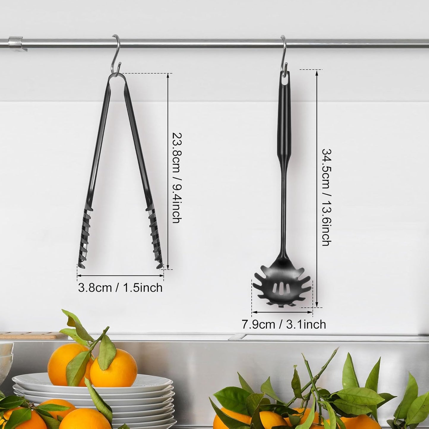 Patelai 2 Pcs Stainless Steel Pasta Spoon with Teeth Large Spaghetti Utensil, 9.4'' Tong and 13.6'' Pasta Fork with Vacuum Handle, Comfortable Grip Design Spoons for Kitchen(Black)