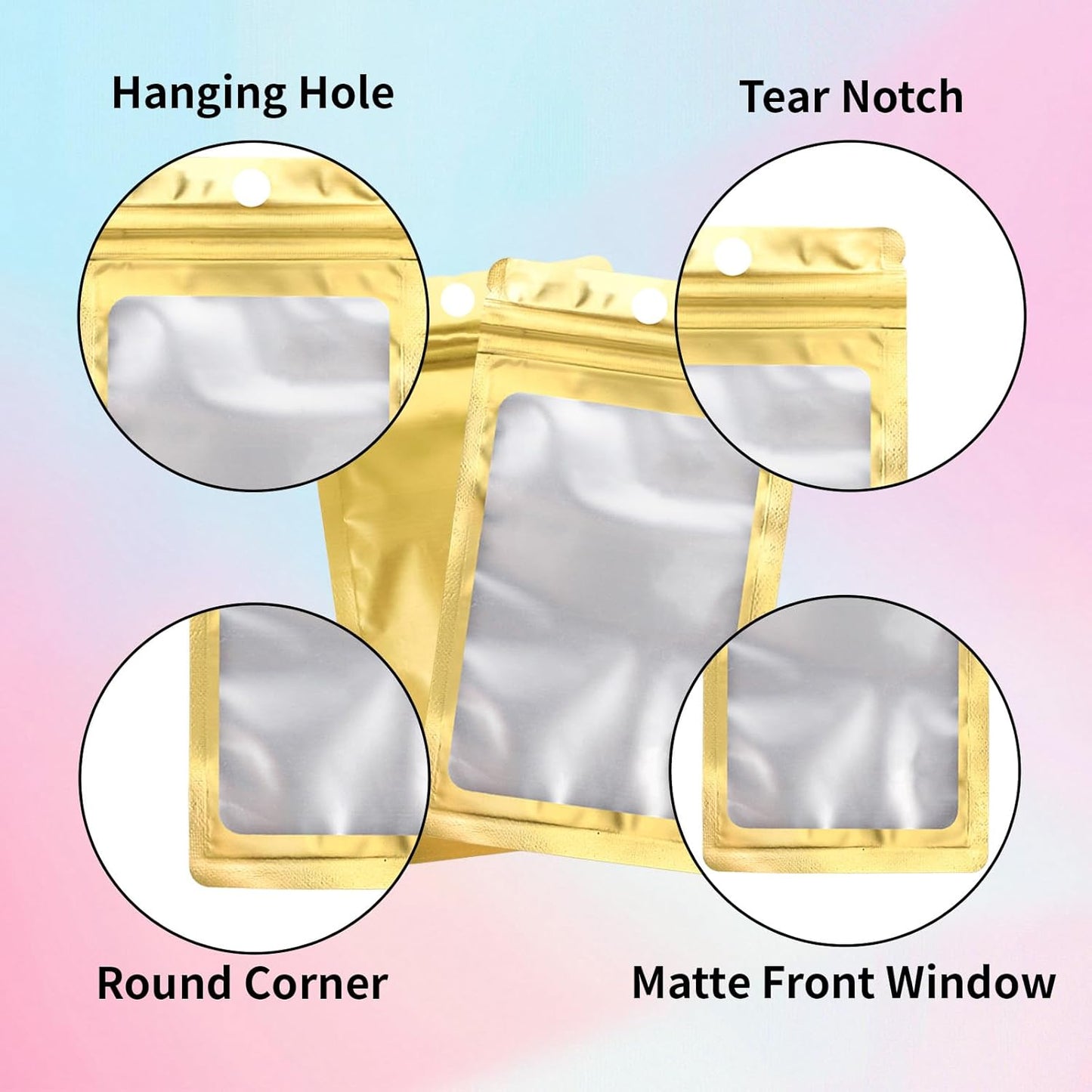 200 Pack Resealable Mylar Holographic Bags Food Storage Smell Proof Bags with Front Window Foil Packaging Pouch for Candy Sample Jewelry Small Business 3.54×6.29 Inch, Gold