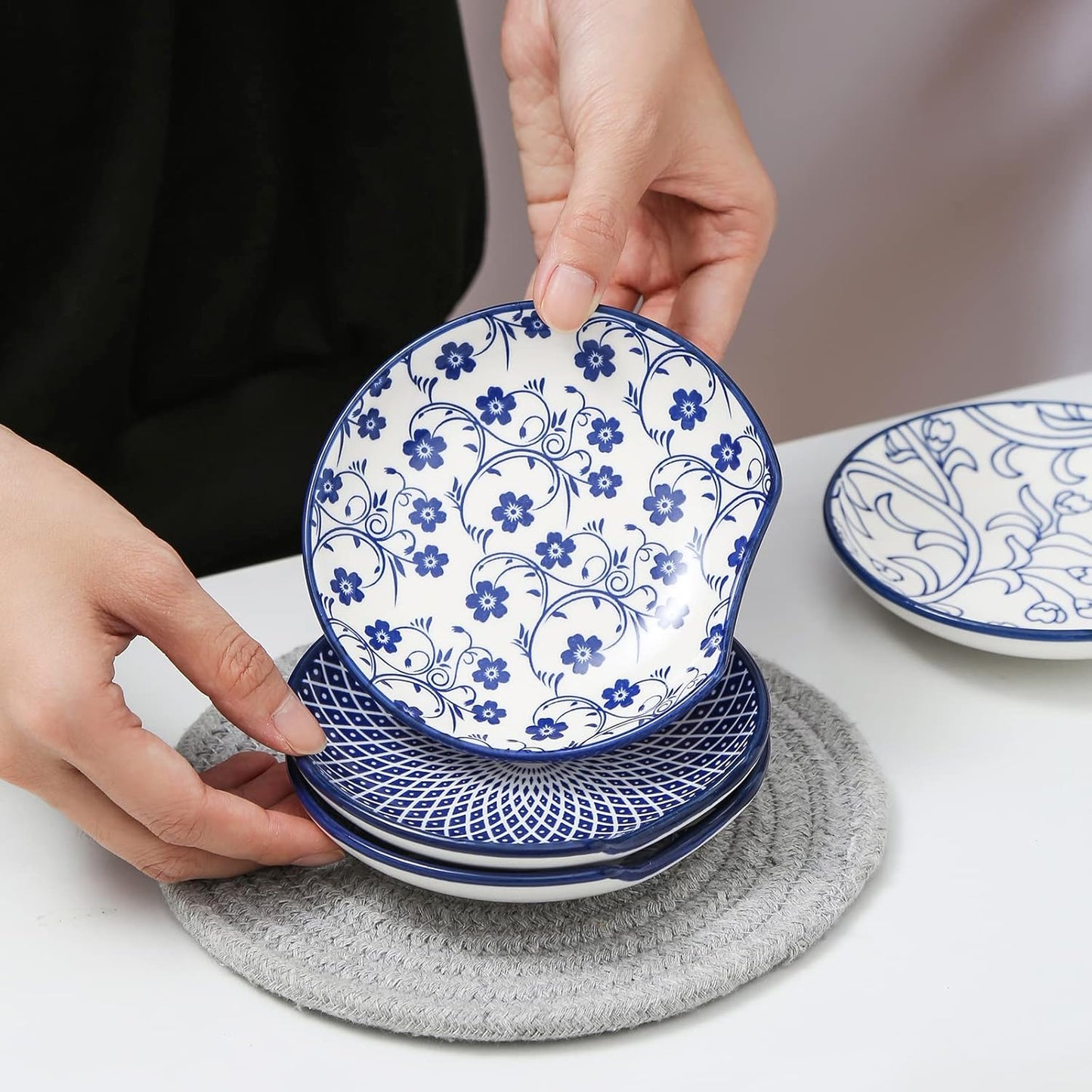 Selamica Ceramic Spoon Rest for Stove Top, 4.6 Inch Cooking Spoon Holder for Kitchen Counter, Stackable Utensil Rest Holder for Spatula Ladles Tong, Set of 4, Vintage Blue