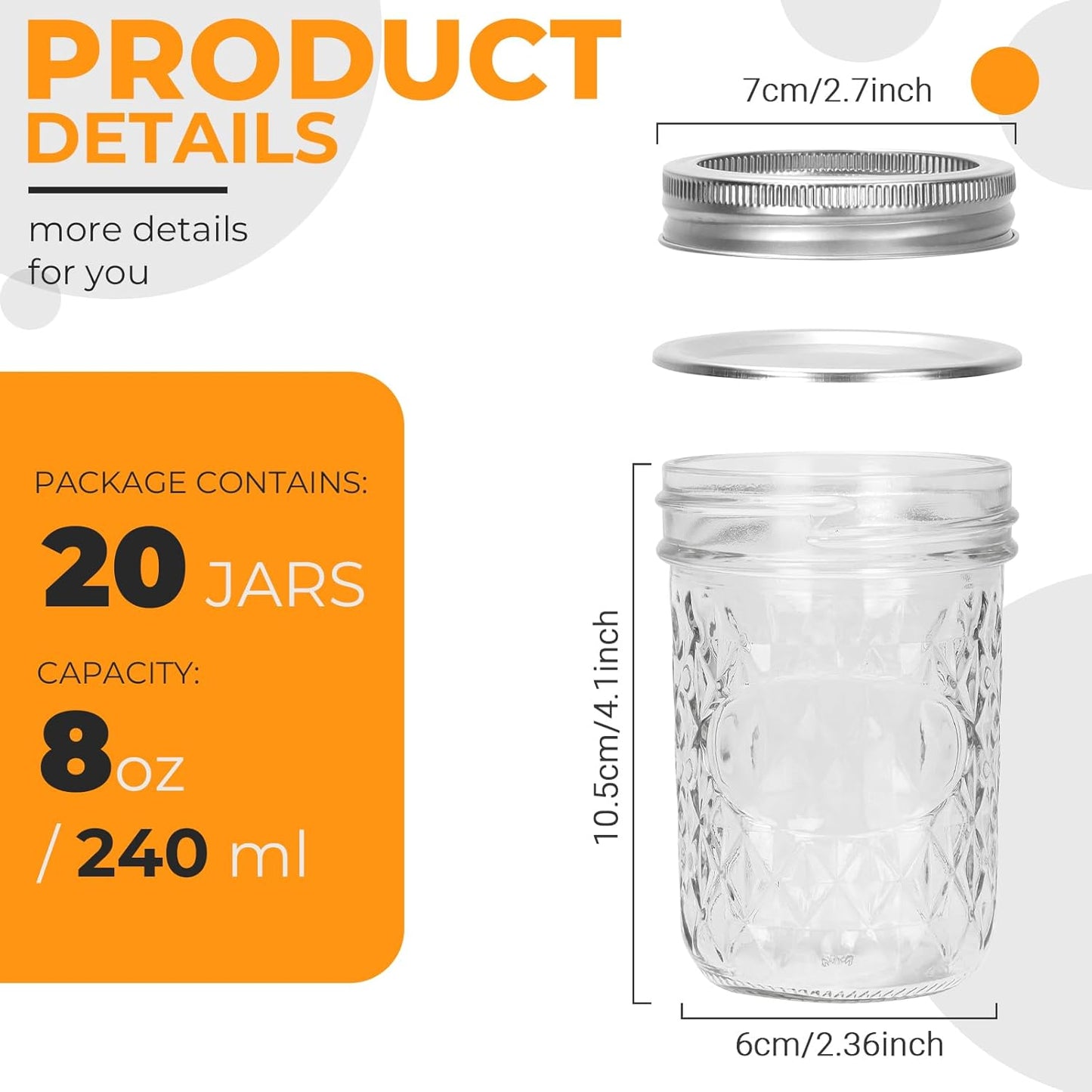 Eathtek 8 oz Mason Jars 20 Pack, 240ml Mini Canning Jars with Regular Lids for Jelly Herbs Spice Honey Storage, Small Glass Jars Candle jars, Extra Lids Tags Label Included