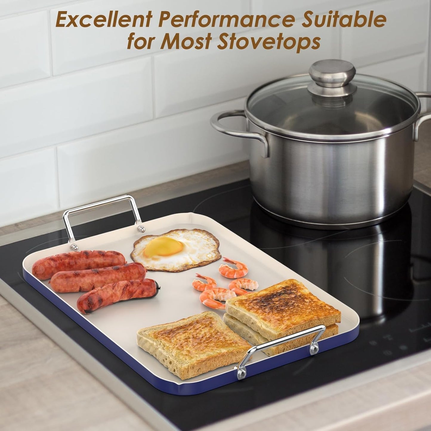 17.7" x 13" Burner Griddle Pan for Stove Top Oven, Stainless Steel Handles, Non Stick Ceramic Griddle Pan Griddle Skillet, PTFE Free PFOA Free, Blue