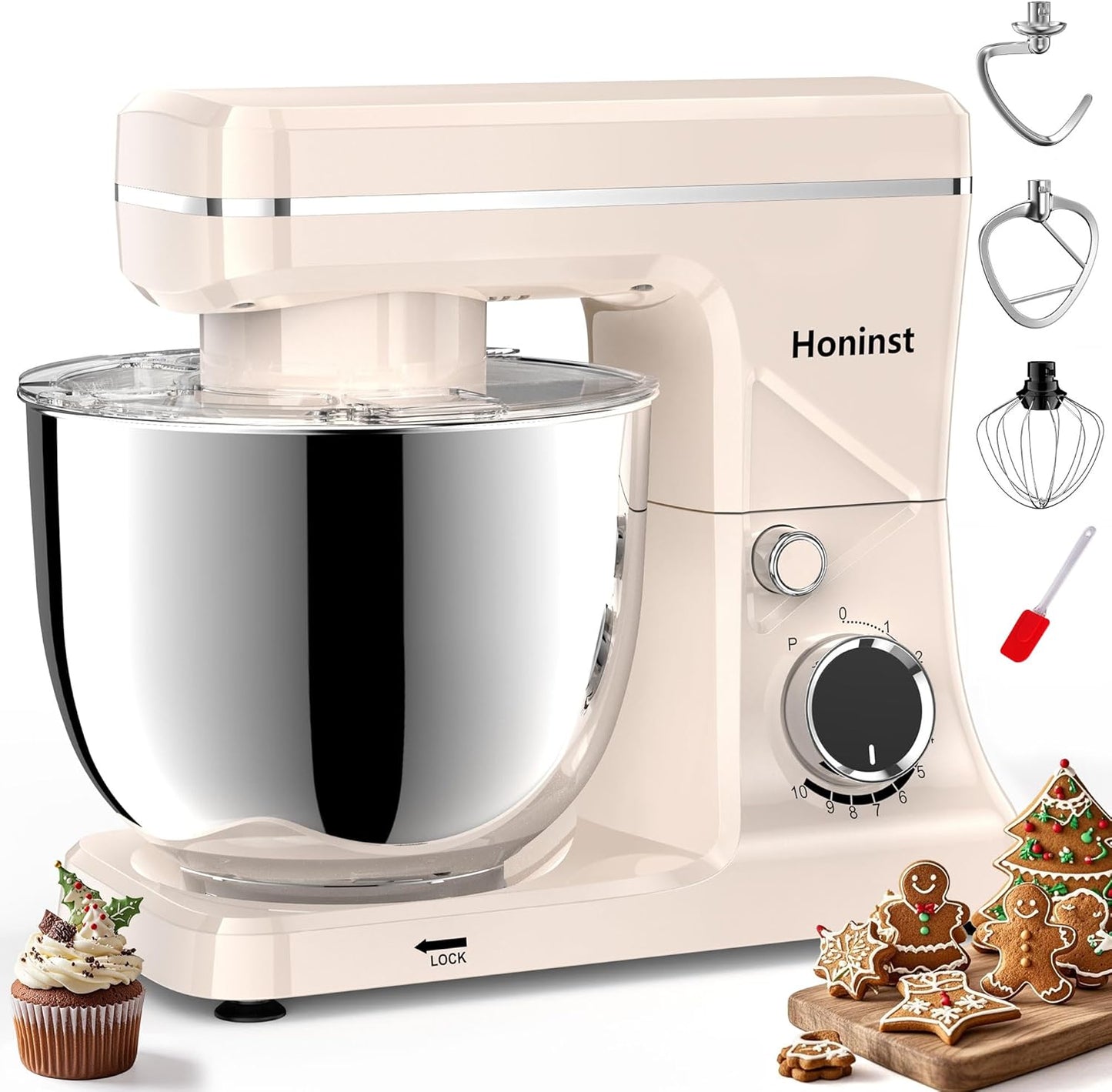 10-Speed Stand Mixer with 8-in-1 Splash Guard, Tilt-Head, 6QT Stainless Steel Bowl + Dishwasher-Safe Dough Hook/Whisk/Beater/Spatula for Baking Bread, Cakes, Cookies, Beige