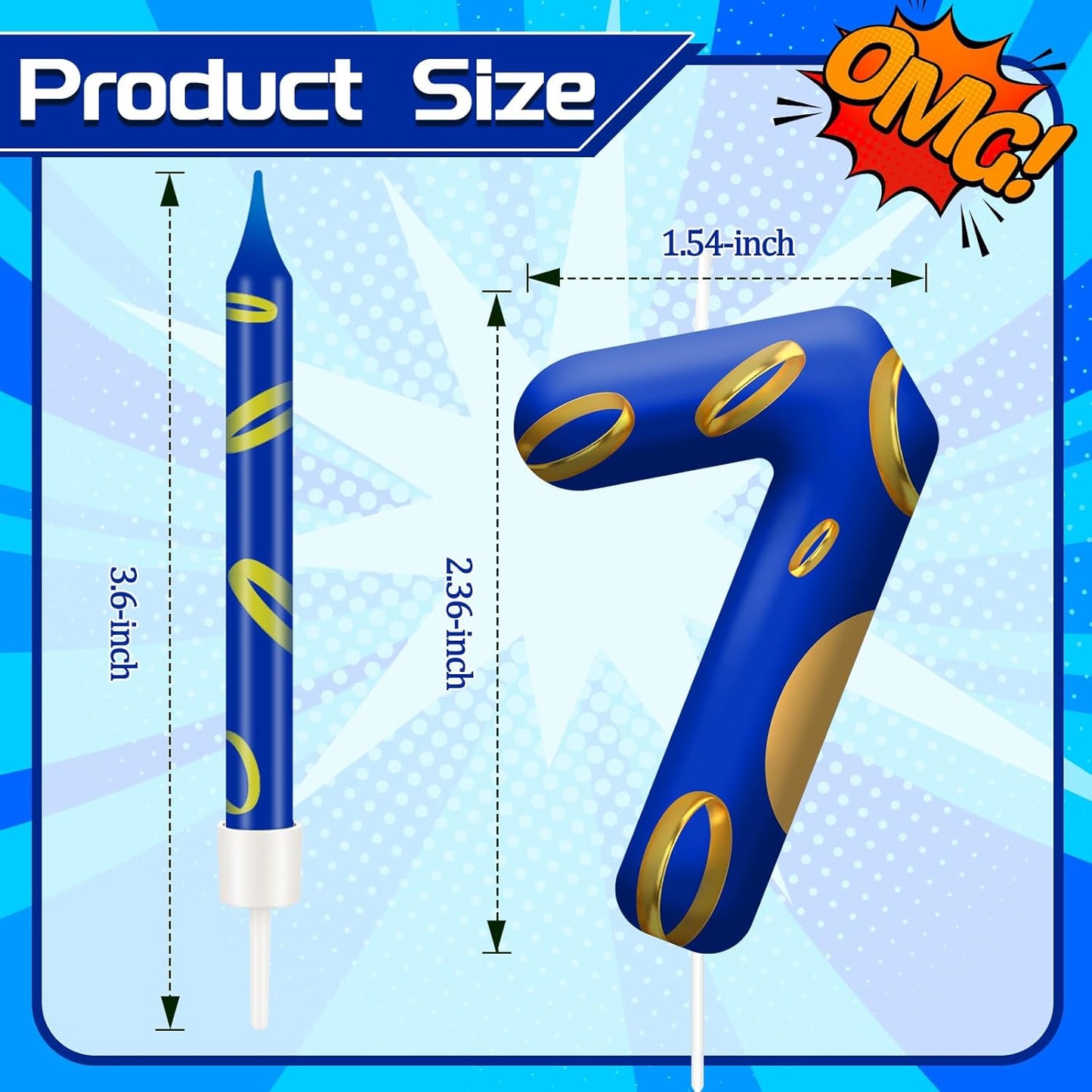 13PCS Birthday Cake Candles Set - Blue and Golden Ring Number Candles with Vibrant Designs for Boys & Girls, Theme Birthday Party Decorations, Cake Toppers for Theme Parties(Number 7)