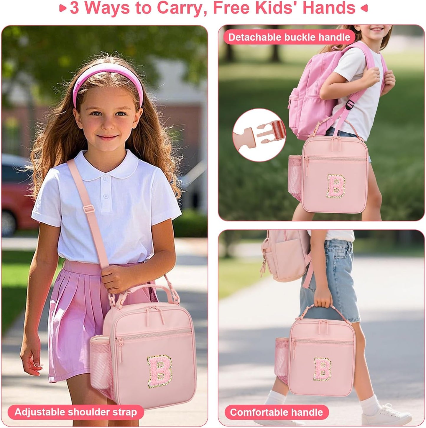 Initial Insulated Lunch Bag for Girls Kids, Back to School Gift, Reusable Leak-proof Lunch Box with Adjustable Strap for School Daycare Travel Picnic (Pink,B)