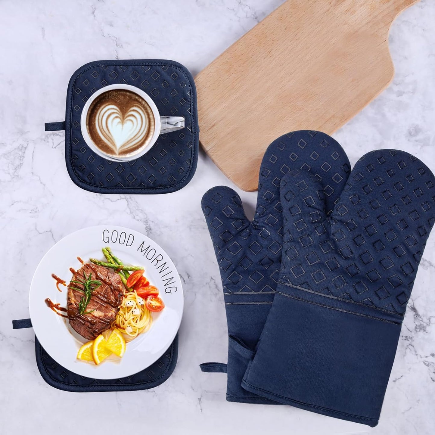 Set of 4 Oven Mitts and Pot Holders, 482 F Heat Resistant Hot Plate Moving Non-Slip Gloves for BBQ, Grill, Baking, Cooking, Oven, Microwave (Deep Blue)