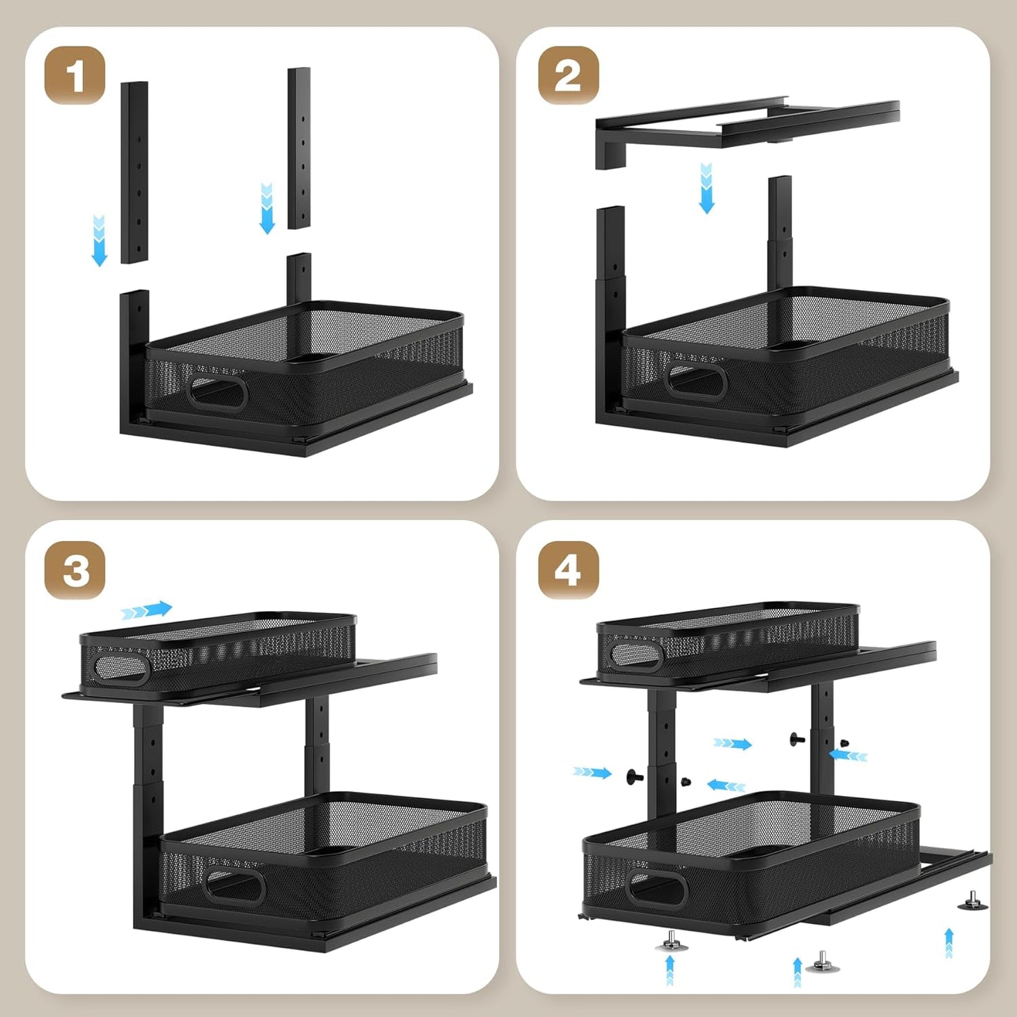 2 Pack 18.5IN-Depth Under Sink Organizer With Next-Gen Ball-Bearing Slides,2-Tier Precision Mesh Pull Out Cabinet Storage for Bathroom&Kitchen,Height Adjustable Drawers Shelf,Anti-rust-Black