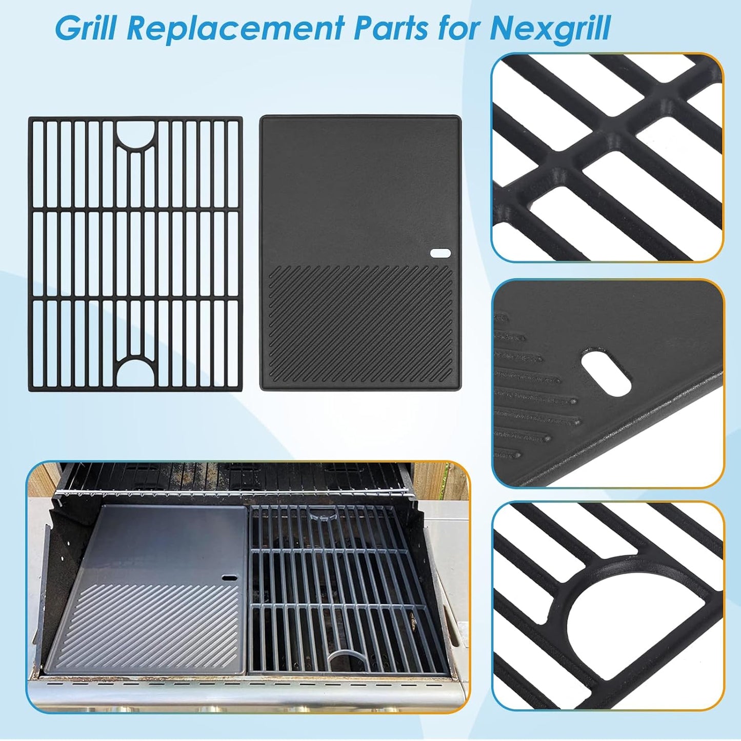 17" Grill Grates and Griddle for Nexgrill Grill Parts 720-0830H 720-0783E Nexgrill Replacement Parts 5 Burner 720-0888N 720-0888 720-0697, Grill Parts for Kenmore, Uniflame and More