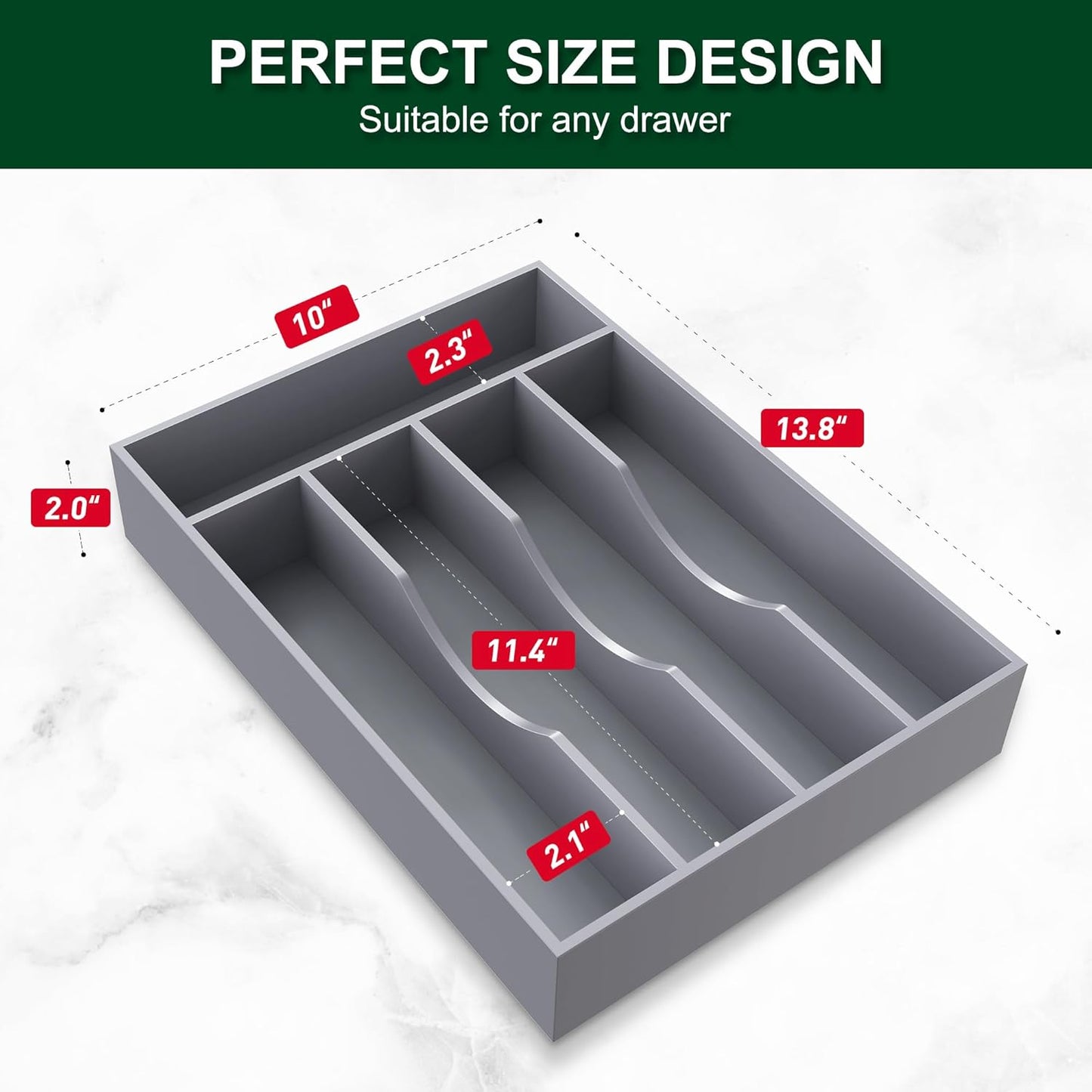 Bellsal Grey Utensil Organizer 10 Inch Silverware Tray for Drawer Utensil Holder Cutlery Organizer Kitchen Drawer Organizer 5 Compartment Small Narrow Bamboo