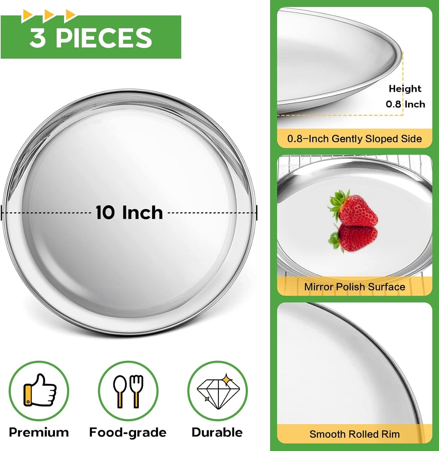 P&P CHEF 10 Inch Pizza Pan, Stainless Steel Round Pizza Tray Baking Pans, Pizzas Plate Serving Tray for Cookie Meat, Oven & Dishwasher Safe & Easy Cleaning, (Mirror Finish) - 3 Pieces