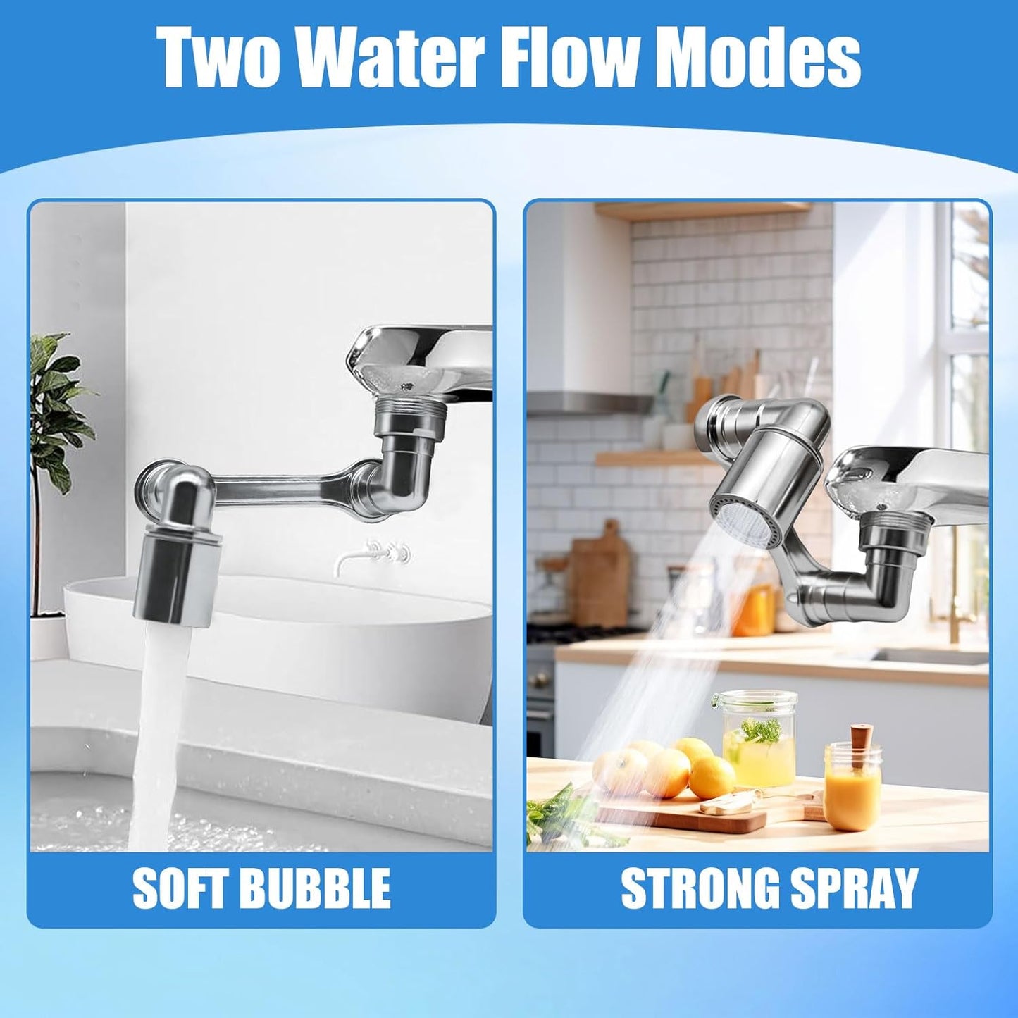 1080° Swivel Faucet Extender, 2 PCS Sink Aerator Attachment with Dual Spray Modes, Rotatable Robotic Arm for Kitchen and Bathroom, Splash Filter Extension for Hand, Face, and Hair Washing