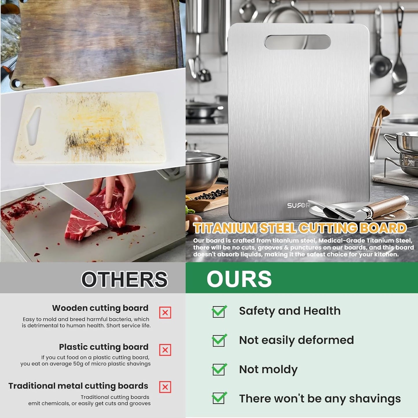 3 Pack Titanium Cutting Board,-100% Pure Titanium Cutting Boards For Kitche,Easy to clean, Double-sided food-grade Cutting Board For Cutting Meats, Fruits And Vegetables,M+L+XL