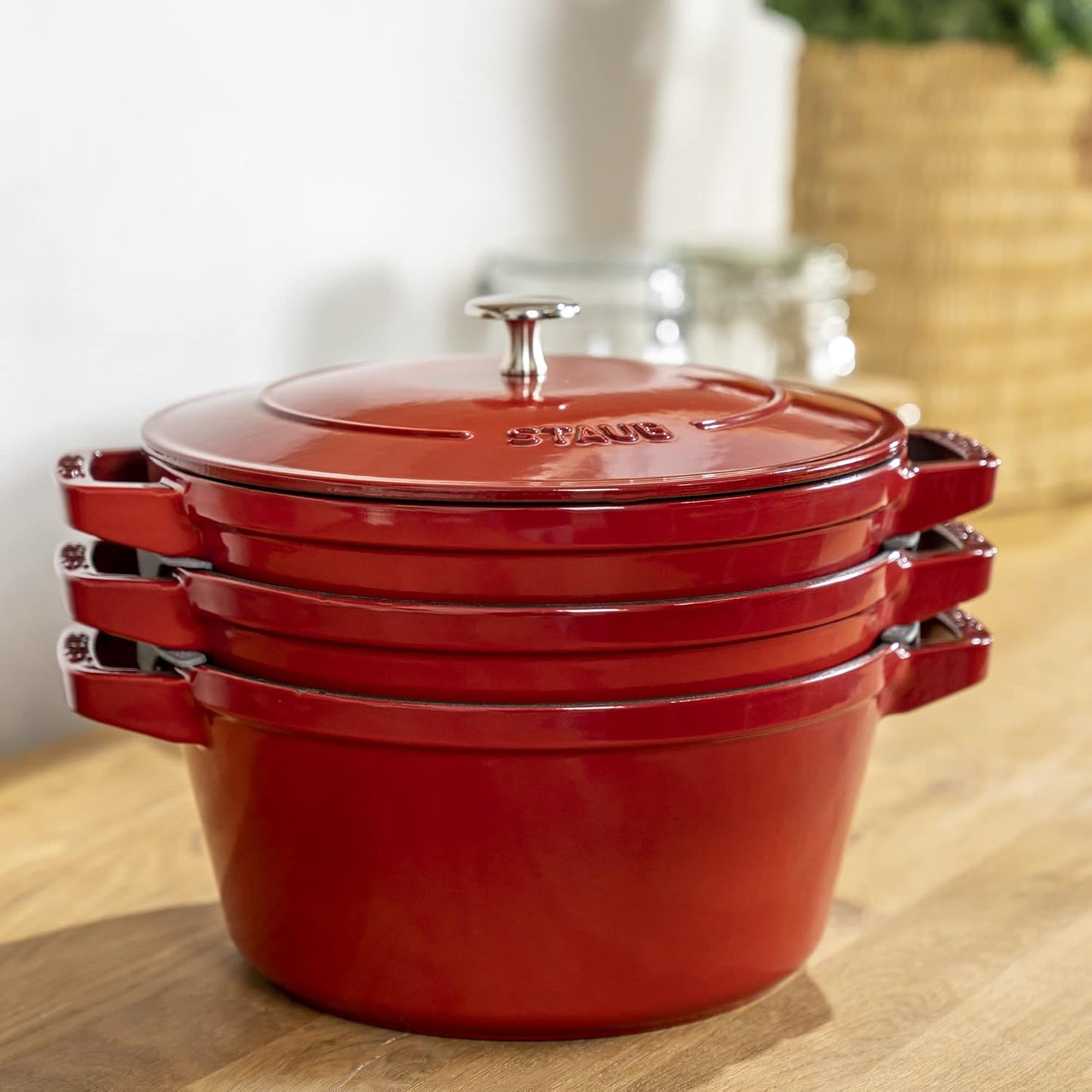 STAUB Cast Iron Set 4-pc, Stackable Space-Saving Cookware Set, Dutch Oven, Skillet, Grill Pan with Universal Lid, Made in France, Cherry