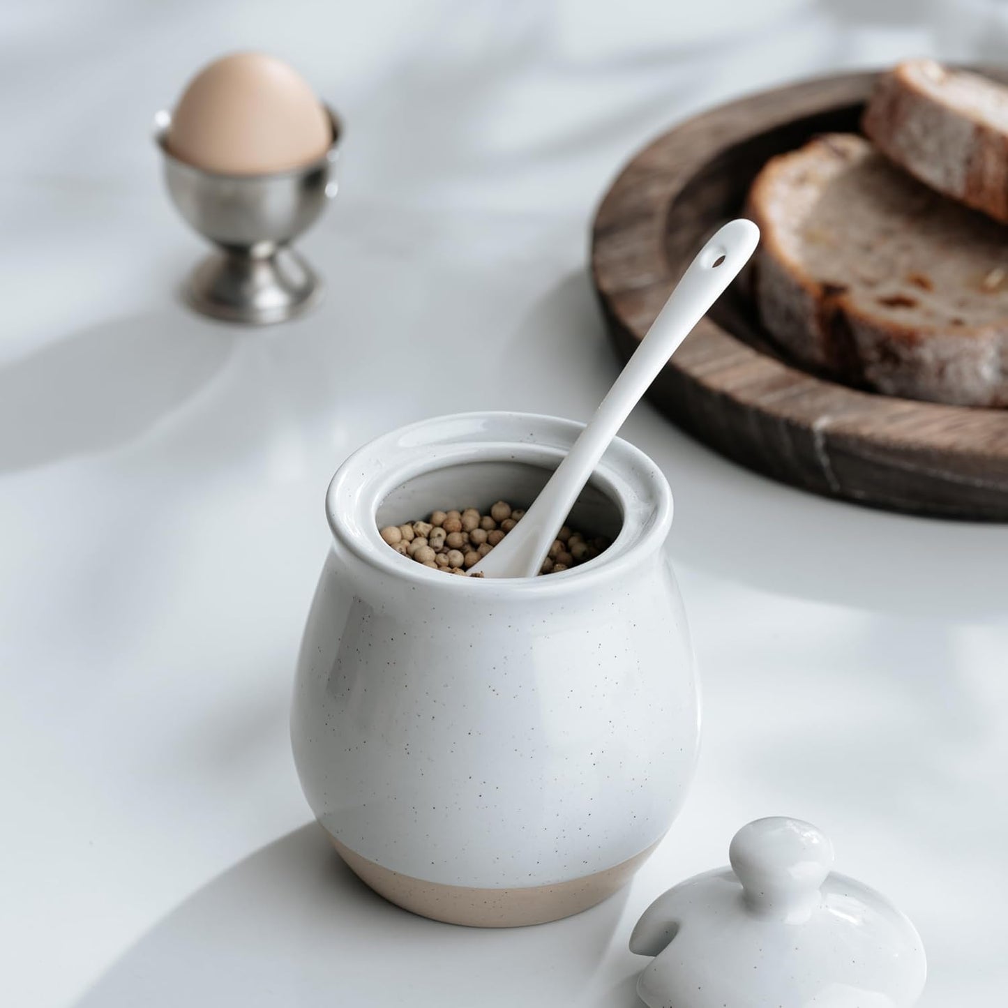 famiware Milkyway Sugar Bowl with Lid and Spoon, 10oz Ceramic Sugar Jar/Pot/Dispenser for Salt, Condiments, Spice, Seasonings, Sugar Container for Coffee Bar, Home, Kitchen, and Countertop, Light Gray